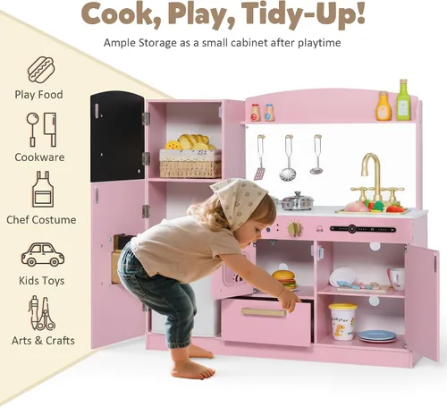 Miniatura 3 de TODEFULL Juego de cocina de simulación para niños, juego interactivo de madera con diseño realista, fregadero, microondas, máquina de hielo, Rosa