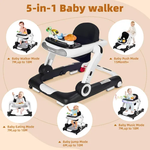 Miniatura 4 de Andador de bebé 5 en 1 con ruedas, andadores de bebé para niños y niñas de 6 a 18 meses, andador plegable ajustable con saltador, bandeja de Negro