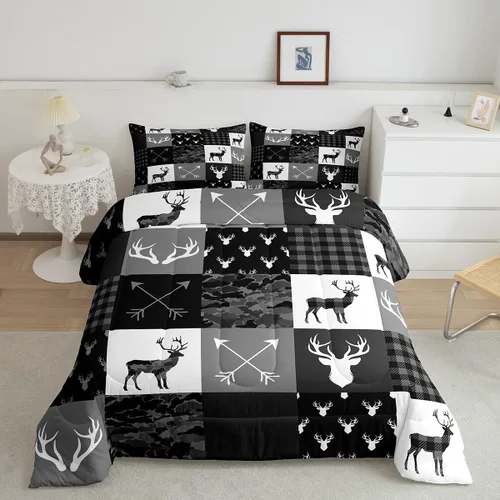 Miniatura 155 de Juego de edredón de cuernos de ciervo tamaño individual, juego de ropa de cama rústica de granja con huellas de oso y pinos para decoración