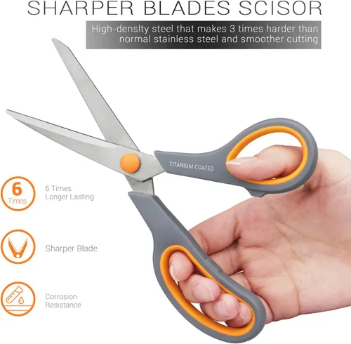 Miniatura 5 de Tijeras multiusos de 8 pulgadas con revestimiento de titanio, tijeras afiladas resistentes para diestros o zurdos, asas de agarre cómodo para Gris