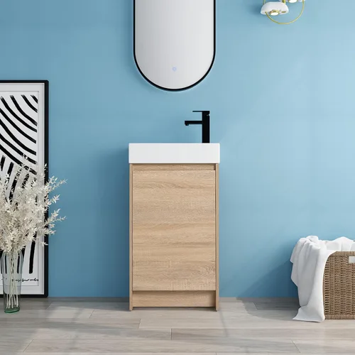 Miniatura 9 de Tocador de baño pequeño de 16 pulgadas con lavabo, tocador de baño independiente de 16" para espacios pequeños, gabinete de madera contrachapada