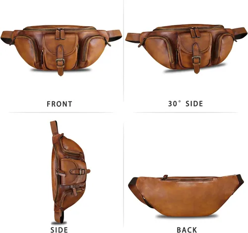 Miniatura 5 de Riñonera de cuero genuino para hombres y mujeres, bolso bandolera de cuero real, bolso cruzado de moda, bolso de cintura de moda, Marrón, Riñonera