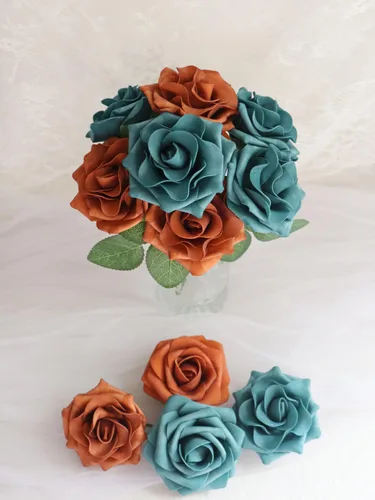 Miniatura 4 de D-Seven Flores artificiales de 2.5 pulgadas, color naranja quemado, 25 rosas falsas con tallo para ramos de boda, arreglos florales, despedidas