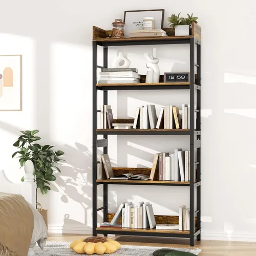 Miniatura 2 de Aquzee Librería, 66 "H 5-Tiers Heavy Duty Industrial Estantería de Madera y Metal, Rústica y Negro Unidades de Estante Alto para el Hogar, Oficina