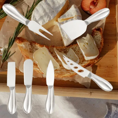 Miniatura 6 de Colección de cuchillos de queso de acero inoxidable de 6 piezas con tenedor de queso, rebanador y cortadores para cocina plateado