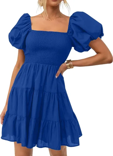 ZESICA Mini vestido corto de verano bohemio 2025 con cuello cuadrado, manga abombada, hombros descubiertos, fruncido, escalonado, casual,