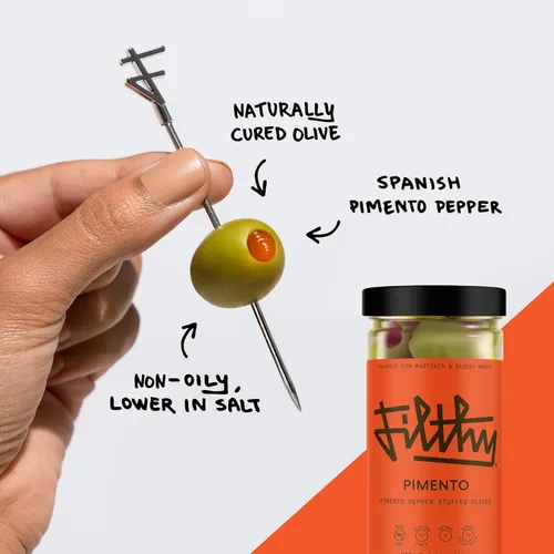 Miniatura 4 de Aceitunas rellenas de pimiento de Filthy Food, guarnición premium para cócteles, aceitunas rellenas de pimiento español, no transgénico, sin gluten