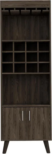 Miniatura 5 de FM FURNITURE Edessa - Armario de bar con 12 cubos de vino, 2 estantes abiertos, estante de vidrio y un gabinete de doble puerta, nogal oscuro
