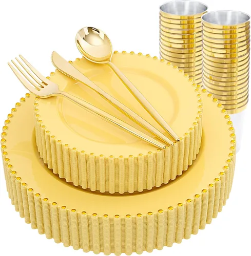 Miniatura 20 de supernal 100 piezas Platos de plástico negros y dorados, platos desechables negros, suministros de fiesta de Halloween que incluyen 50 platos