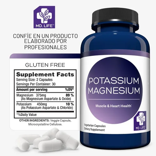 Miniatura 6 de MD. Life Suplemento de potasio y magnesio - 60 cápsulas - Complejo de magnesio de alta absorción - Suplemento de potasio para apoyar la salud