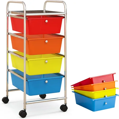 Miniatura 20 de COSTWAY Carrito de almacenamiento rodante con 4 cajones, carrito de almacenamiento de plástico y organizador con 4 cajones extraíbles, carrito