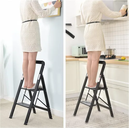 Miniatura 6 de KINGRACK Escalera de escalón, 2 escalones, escalera plegable con pasamanos, escalera antideslizante de seguridad plegable para el hogar, taburete