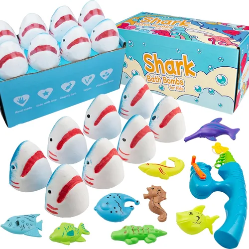 Bombas de baño de tiburón para niños con juego de juguetes de pesca sorpresa, 8 divertidas bolas de baño explosivas y 9 juguetes de pesca, burbujas