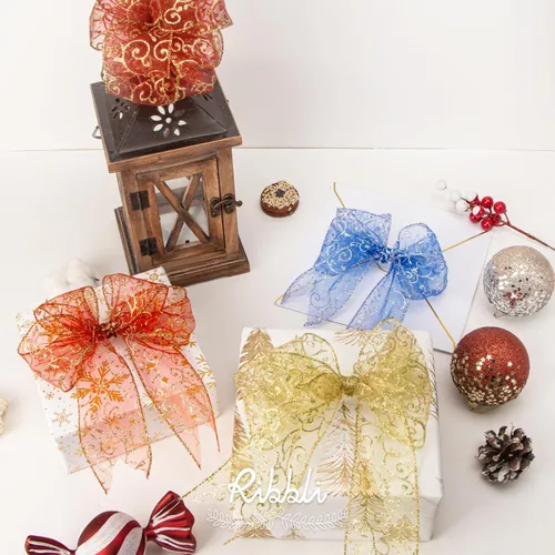 Miniatura 4 de Ribbli - Cinta con alambre y brillantes remolinos, cinta transparente de organza burdeos con patrón de remolino de brillantes dorados y borde