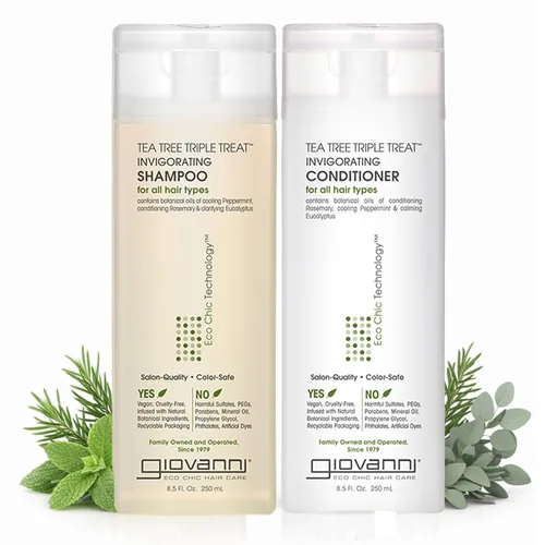 GIOVANNI Tea Tree Triple Treat Juego de champú y acondicionador vigorizante - Menta refrescante, eucalipto, romero, ayuda con el cuero cabelludo