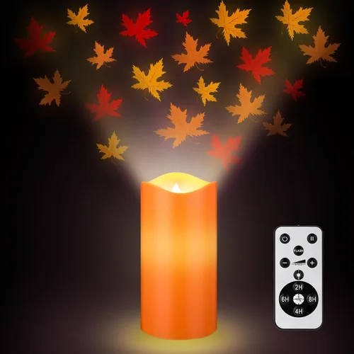 Baquler Velas sin Llama con Proyector de Hojas de Arce Otoñales, Luces LED de Acción de Gracias, Luz Nocturna de Otoño con Control Remoto y