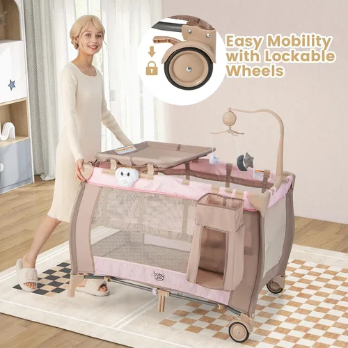 Miniatura 5 de Costzon 3 en 1 Rosa Pack and Play con Moisés, Corralito Portátil para Bebé con Mesa Cambiadora, Caja de Música, Juguetes Giratorios, Ruedas/Freno