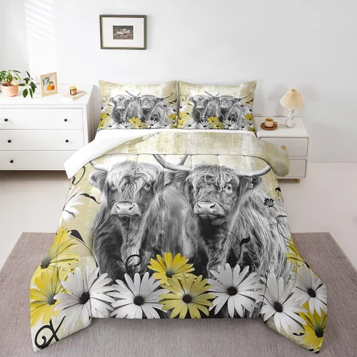 Miniatura 13 de Erosebridal Highland Cow - Juego de edredón tamaño matrimonial, juego de ropa de cama de toro de cuerno largo occidental para niños y adultos, Verde