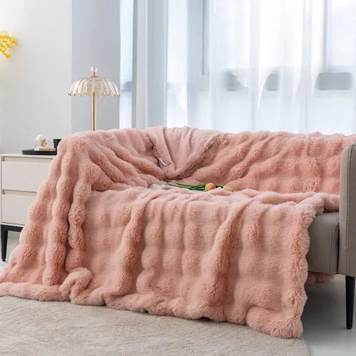 Manta de piel sintética de conejo de lujo, ultra suave, cálida y burbujeante, para sofá y cama, cómoda, acogedora, tamaño individual, matrimonial,