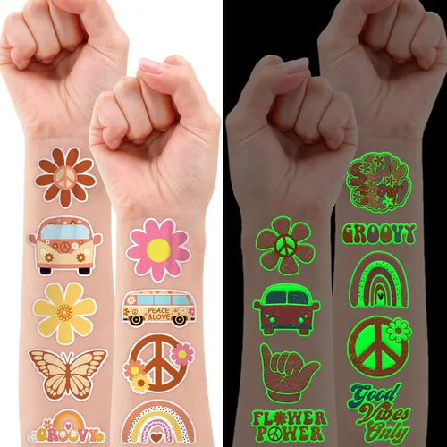 Miniatura 2 de 96 tatuajes temporales precortados de One Two Groovy de los años 60 y 70 para niños, suministros de fiesta temática de cumpleaños, decoración