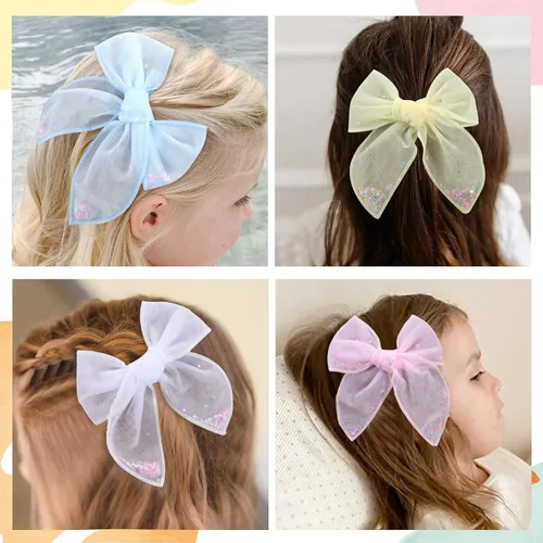 Miniatura 3 de 6 piezas de lazos de tul para el pelo de niñas, lazos para bebés de CN con estrella brillante y pinza de cocodrilo, pasadores de pelo coloridos