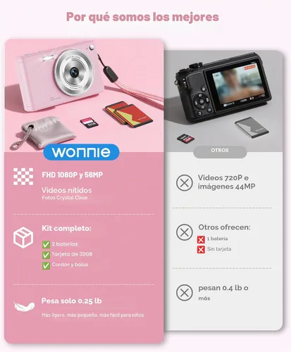 Miniatura 3 de WONNIE Cámara digital de 56 MP, FHD 1080P para apuntar y disparar con tarjeta SD de 32 GB, 2 baterías y cordón, ideal para niños y adolescentes