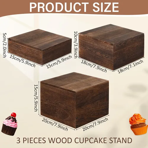 Miniatura 2 de Barydat 3 soportes de madera para tartas rústicas, apilables, cuadrados, para cupcakes, base para mesa de bufé, postre, comida, cumpleaños, boda
