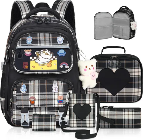 Miniatura 8 de Linda mochila para niñas, paquete de 5 mochila kawaii estética con juego de lonchera, bonita mochila escolar azul para niños y adolescentes primarias