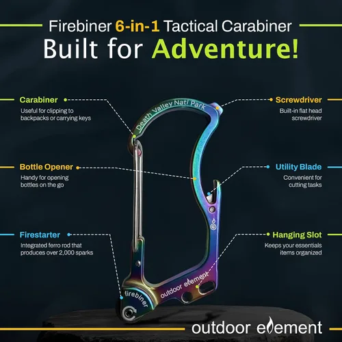 Miniatura 4 de OUTDOOR ELEMENT Firebiner Custom Engraved 6-in-1 Fire Starter Carabiner Multitool – Survival Gear EDC Keychain with Utility Blade, Bottle Opener