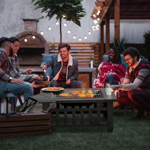 Miniatura 3 de Tangkula Chimenea 3 en 1 para exteriores, chimenea cuadrada de acero de 32 pulgadas con pantalla de chispa, rejilla de troncos, parrilla