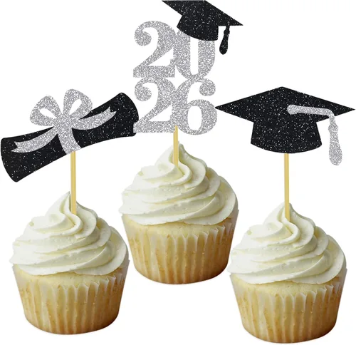 Miniatura 8 de Decoración para cupcakes de graduación, decoración de fiesta de graduación, selecciones de alimentos, felicitaciones, tapa de diploma con purpurina