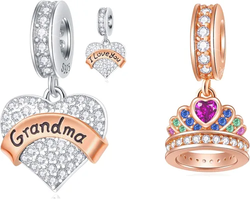 Juego de 2 piezas de oro rosa I Love You Grandma y colorido dije de corona de princesa para bricolaje, en plata de ley 925, regalo para NanaAbuela