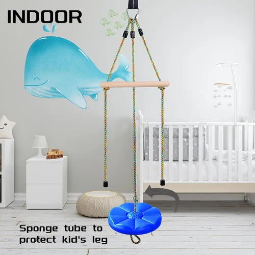 Miniatura 3 de Columpio de disco para niños, columpio de cuerda ajustable, accesorios con barras de mono, 1 mosquetón, 2 correas colgantes añadidas 3 en 1, juego