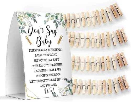 Miniatura 14 de Juego de texto en inglés "Don't Say Baby", un letrero de 5 x 7 pulgadas y 50 mini pinzas para la ropa, juegos de baby shower, decoración de baby