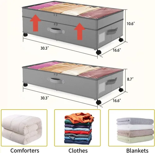 Miniatura 2 de Almacenamiento debajo de la cama con ruedas ajustables en altura, paquete de 2 contenedores de almacenamiento debajo de la cama con tapa
