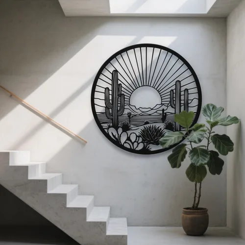 Miniatura 4 de Arte de pared de metal de cactus del desierto, decoración de pared redonda del desierto con diseño de cactus y puesta de sol, arte de pared de metal