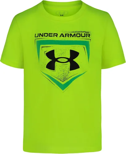 Under Armour Camiseta clásica con logotipo central para niños, estampado de marca y diseños de béisbol, cuello redondo