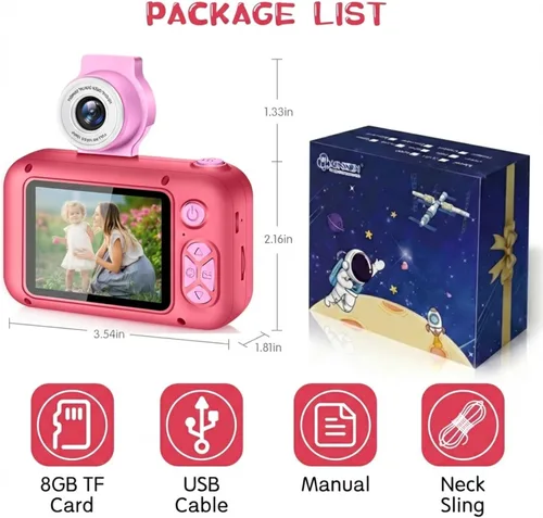 Miniatura 7 de ARNSSIEN Cámara para niños, cámara digital de juguete para niños pequeños con lente abatible de 180°, pantalla IPS de 2.4 pulgadas, tarjeta de 32
