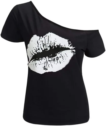 Miniatura 10 de MAGICMK - Camiseta casual para mujer, con estampado de labios y hombro descubierto, talla extragrande