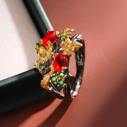 Miniatura 5 de Gothic Ruby Black Rings Women - Colorful Rhinestone Golden Leaf Copper Rings