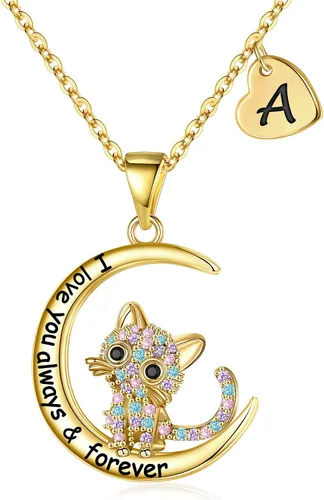 IEFWELL Regalos de gatos para amantes de los gatos, collar de gato chapado en oro de 16 quilates con circonita cúbica colorida, collar con inicial