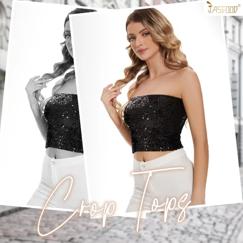 Miniatura 7 de JASGOOD Tops cortos de lentejuelas brillantes para mujer, tops de tubo metálicos sin tirantes, corsé de sirena con purpurina para fiesta y club