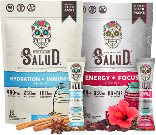 Salud - Paquete de 2 | Hidratación 2 en 1 + inmunidad (horchata) y energía + enfoque (hibisco) – 15 porciones cada una, mezcla de bebida Agua