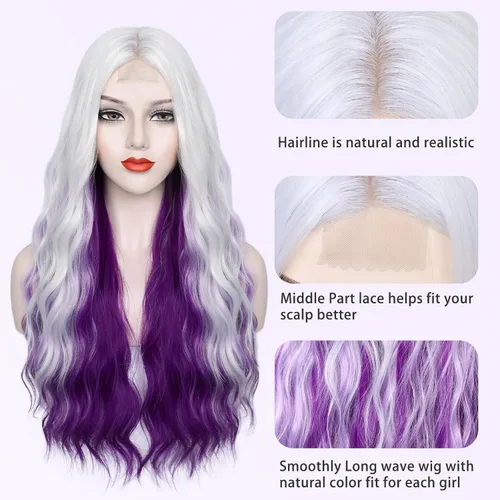Miniatura 28 de Peluca azul larga natural ondulada sintética de fibra resistente al calor, peluca azul con ondas de agua para Halloween, cosplay, fiesta diaria Azul