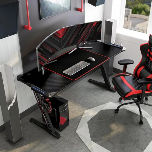 Miniatura 2 de Homes: Inside + Out Kindira - Escritorio moderno de acero para juegos con puertos USB, alfombrilla de mouse de PC y portavasos giratorio