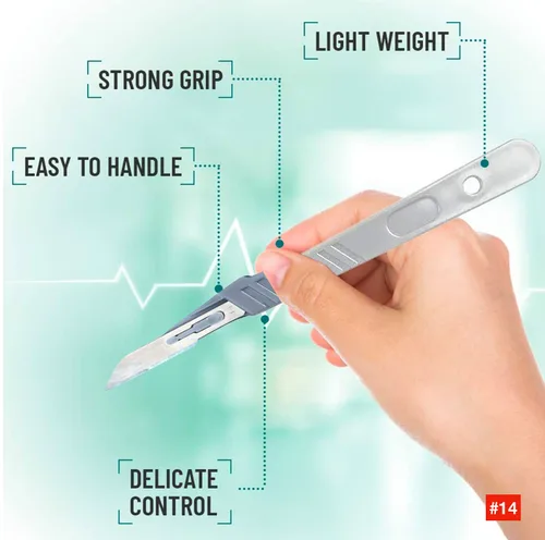Miniatura 3 de MedHelp Scalpel 14R - Cuchillas dermaplaning con mango de plástico, cuchillas Dermablade de acero de alto carbono. Hoja 14R envuelta Paquete de 10