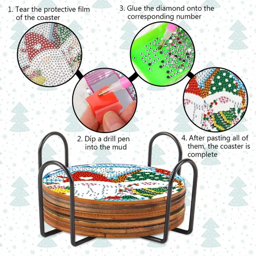 Miniatura 7 de Kit de 8 posavasos de pintura de diamante con soporte, posavasos de gnomo 5D de diamante, manualidades de arte de diamante, posavasos de diamante 8