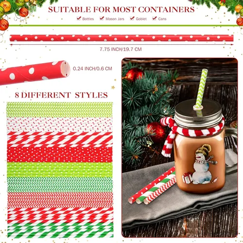 Miniatura 4 de 500 pajitas de papel de Navidad, 8 estilos, desechables, rojo y verde, rayas cheurón, bicolor, rayas, lunares, mezcla de pajitas para suministros