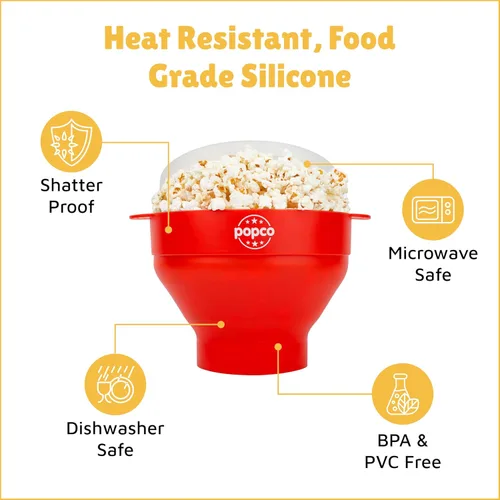 Miniatura 6 de POPCO Cuenco para Palomitas de Maíz para Microondas - Recipiente de Silicona para Hacer Palomitas con Asas - Diseño Plegable, 2.3 Pulgadas de Altura