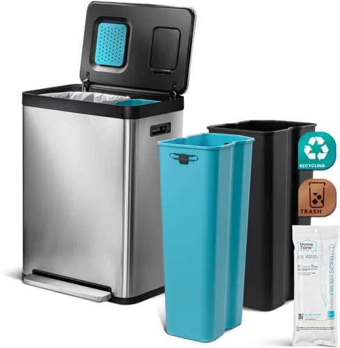 Miniatura 12 de Home Zone Living cubeta de basura de cocina de 16 galones con compartimentos duales para reciclaje, control de olor CleanAura, acero inoxidable